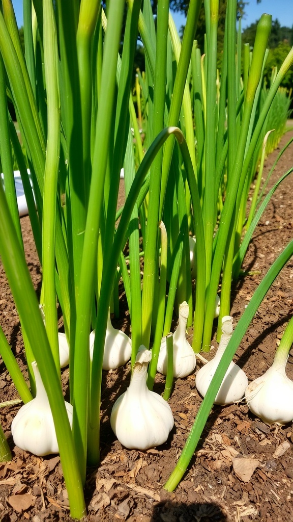 Healthy garlic plants growing in a garden under bright sunlight.